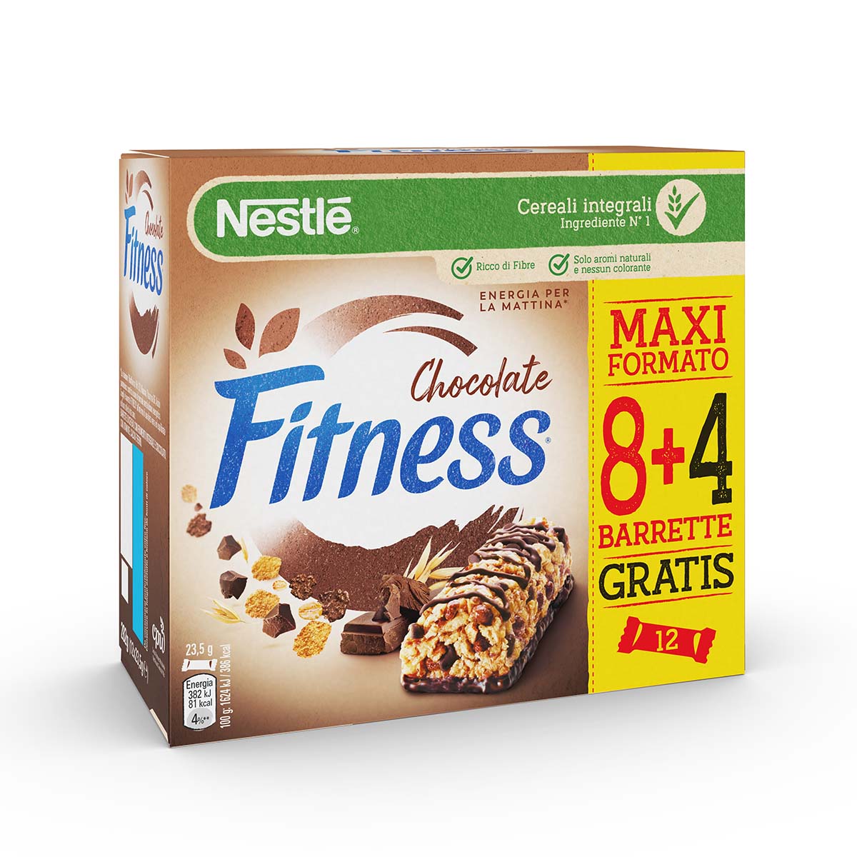 Fitness CIOCCOLATO Barrette di cereali con frumento integrale e cioccolato, con 5 vitamine, calcio e ferro x8+4