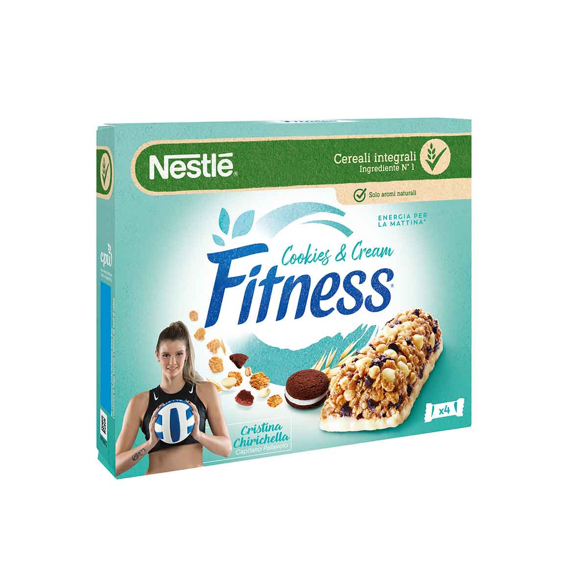 Fitness® COOKIES&CREAM Barrette di cereali con frumento e avena integrali con biscotti al cacao e gocce di cioccolato bianco x4