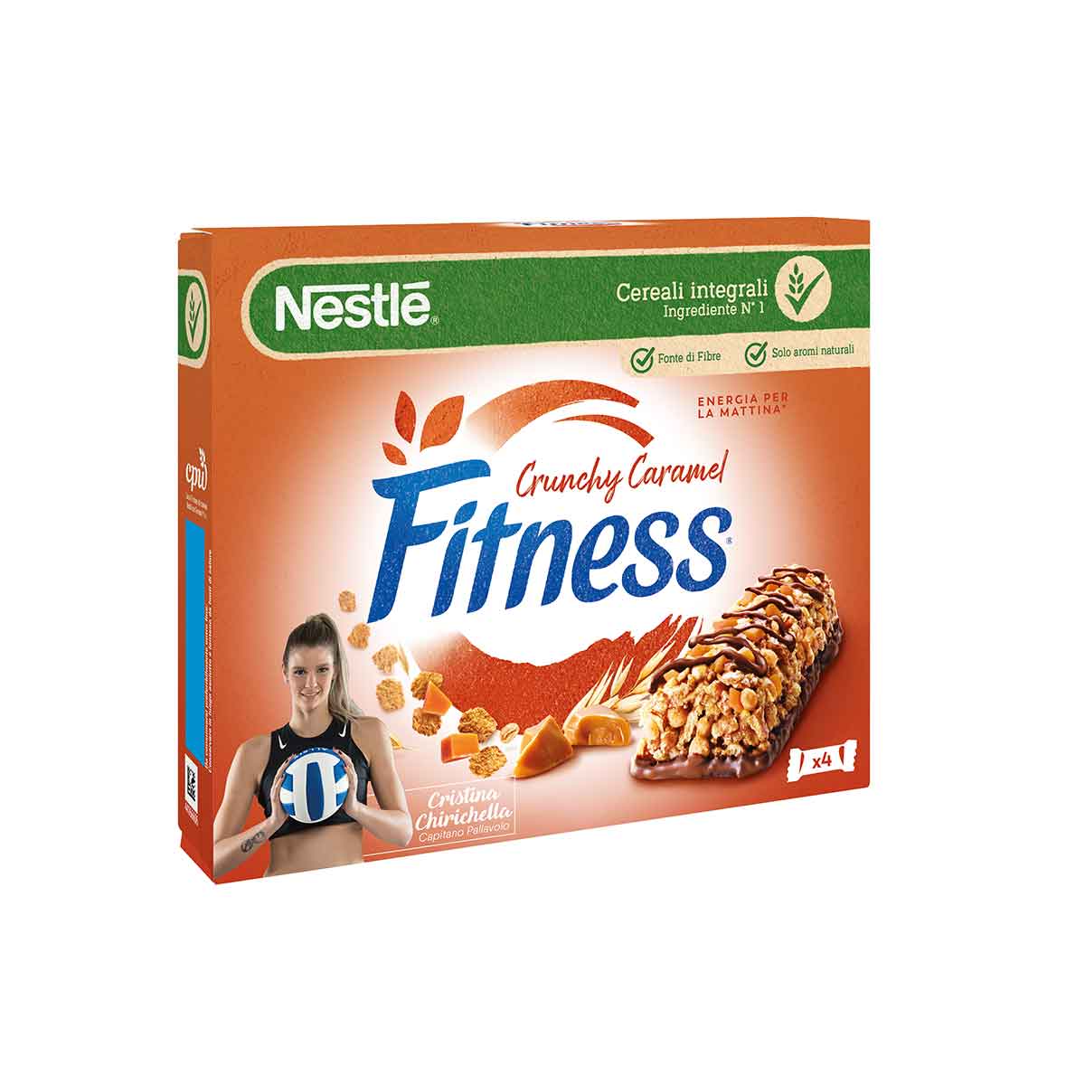 Fitness CRUNCHY CARAMEL Barrette di cereali con frumento e avena integrali con cioccolato al latte e pepite di caramello 4%, con vitamine e minerali x4
