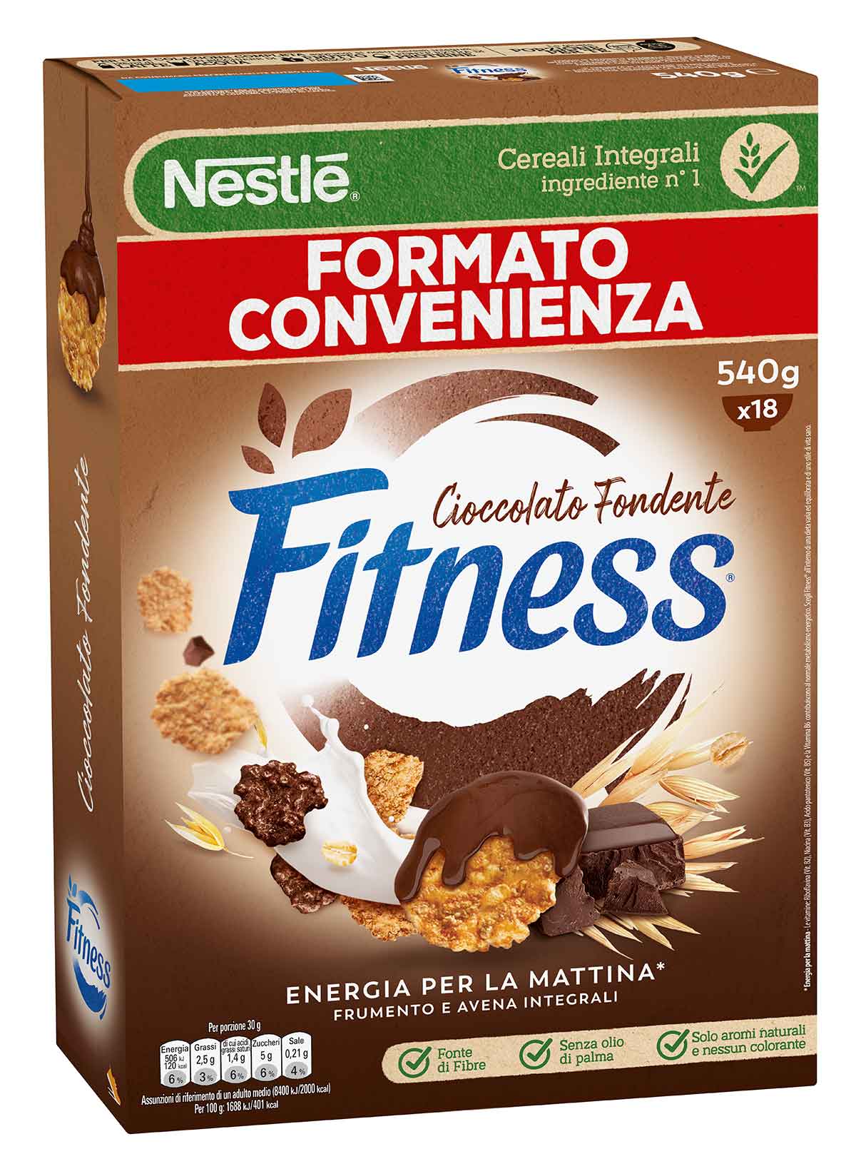 Fitness® CIOCCOLATO FONDENTE Cereali con frumento e avena integrali e fiocchi ricoperti al cioccolato fondente 540g