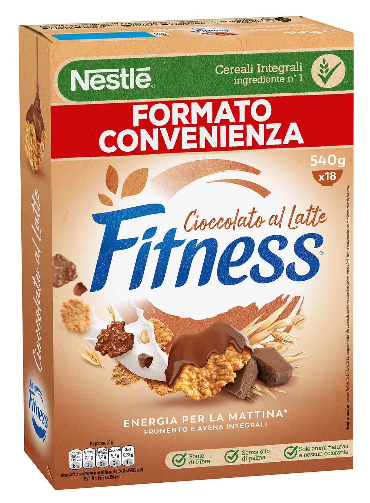 Fitness® CIOCCOLATO AL LATTE Cereali con frumento e avena integrali e fiocchi ricoperti al cioccolato al latte 540g
