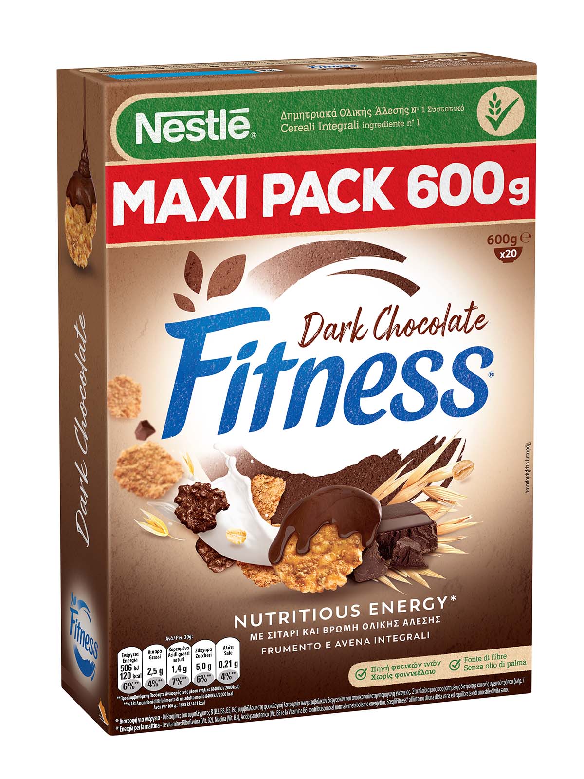 Fitness CIOCCOLATO FONDENTE Cereali con frumento e avena integrali e fiocchi ricoperti al cioccolato fondente 600g