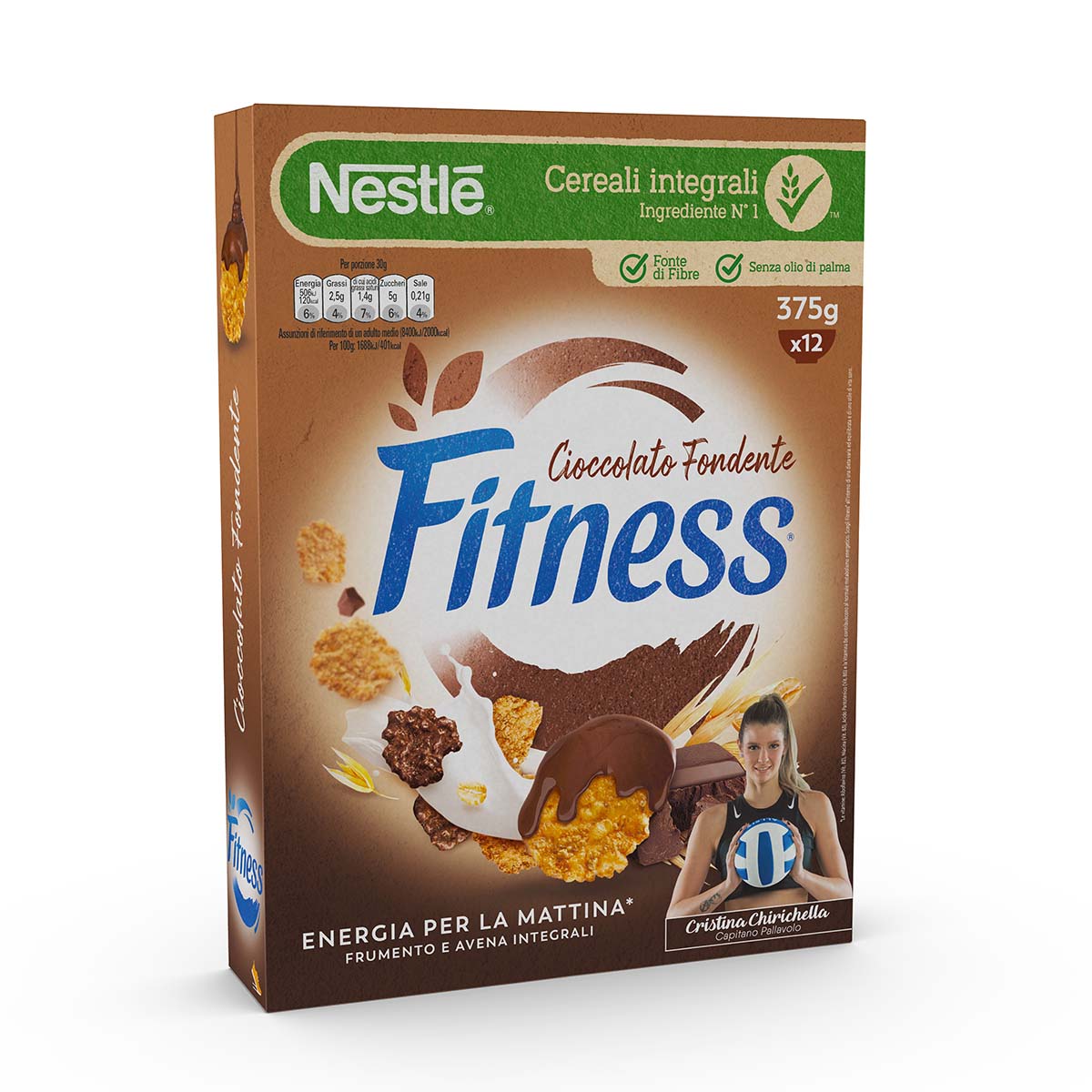 Fitness CIOCCOLATO FONDENTE Cereali con frumento e avena integrali e fiocchi ricoperti al cioccolato fondente 375g