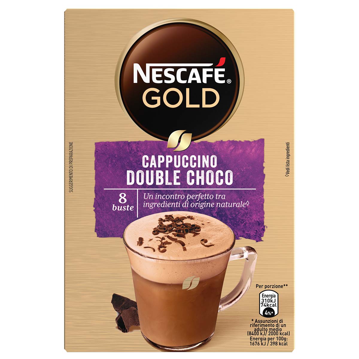 Nescafé GOLD CAPPUCCINO DOUBLE CHOCO Preparato Solubile Per Cappuccino Al Doppio Cioccolato Astuccio 8 Bustine 148 g