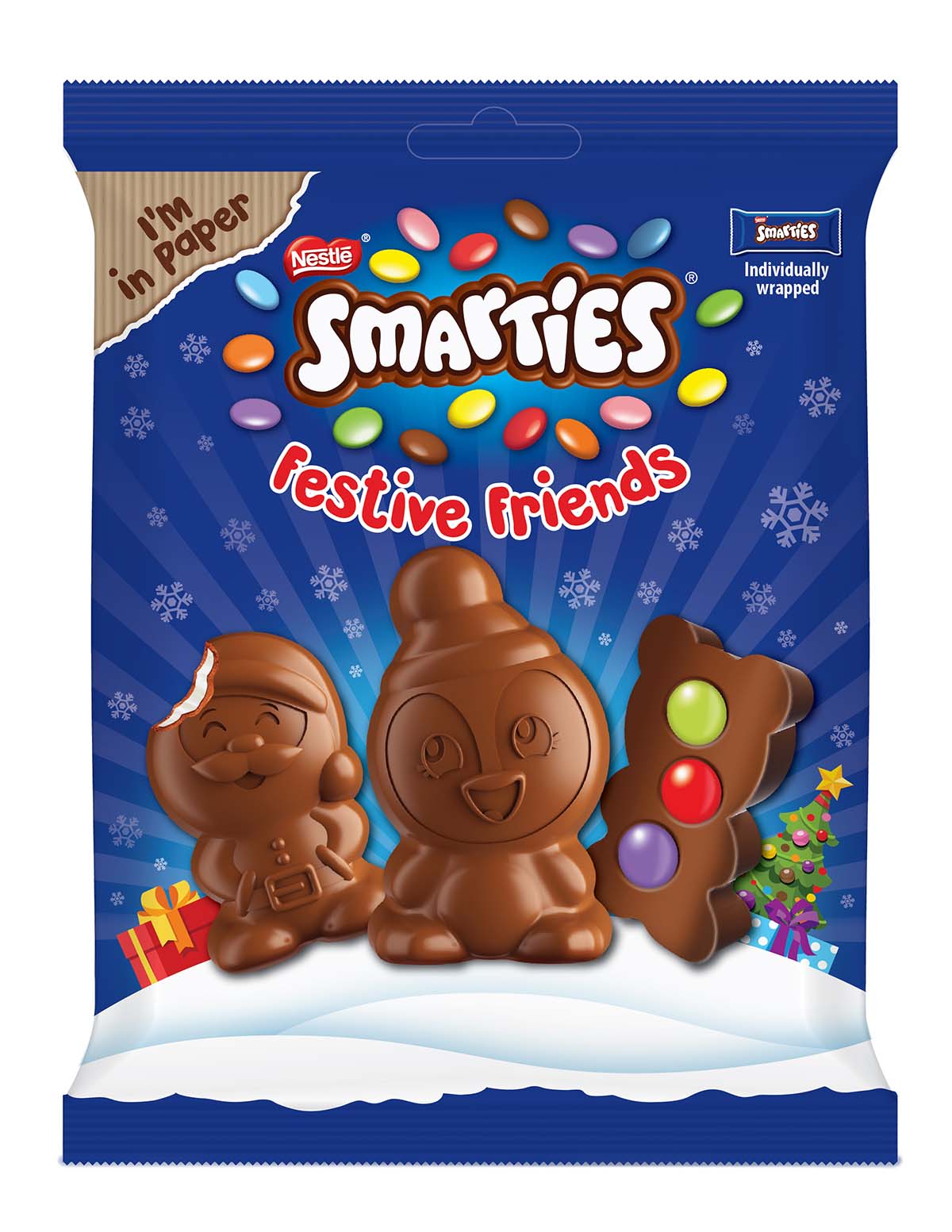 Smarties Festive Friends Snack di cioccolato al latte, sacchetto da 65g