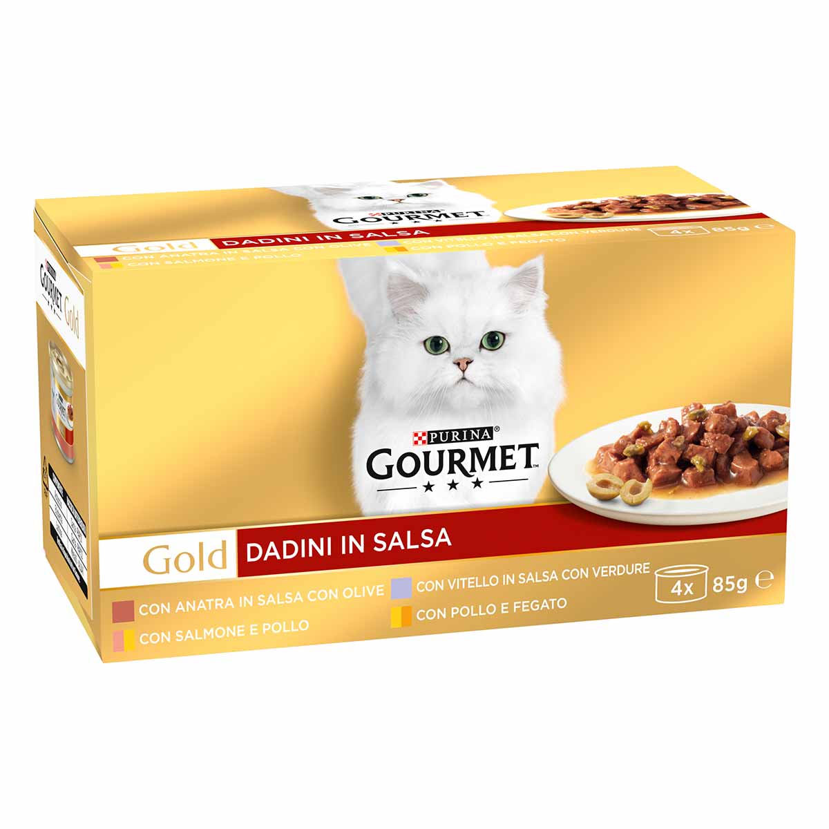 GOURMET GOLD Dadini 4x85g (Vit. Med./Anatra & Olive/Feg. & Pollo/Salm. & Pollo)