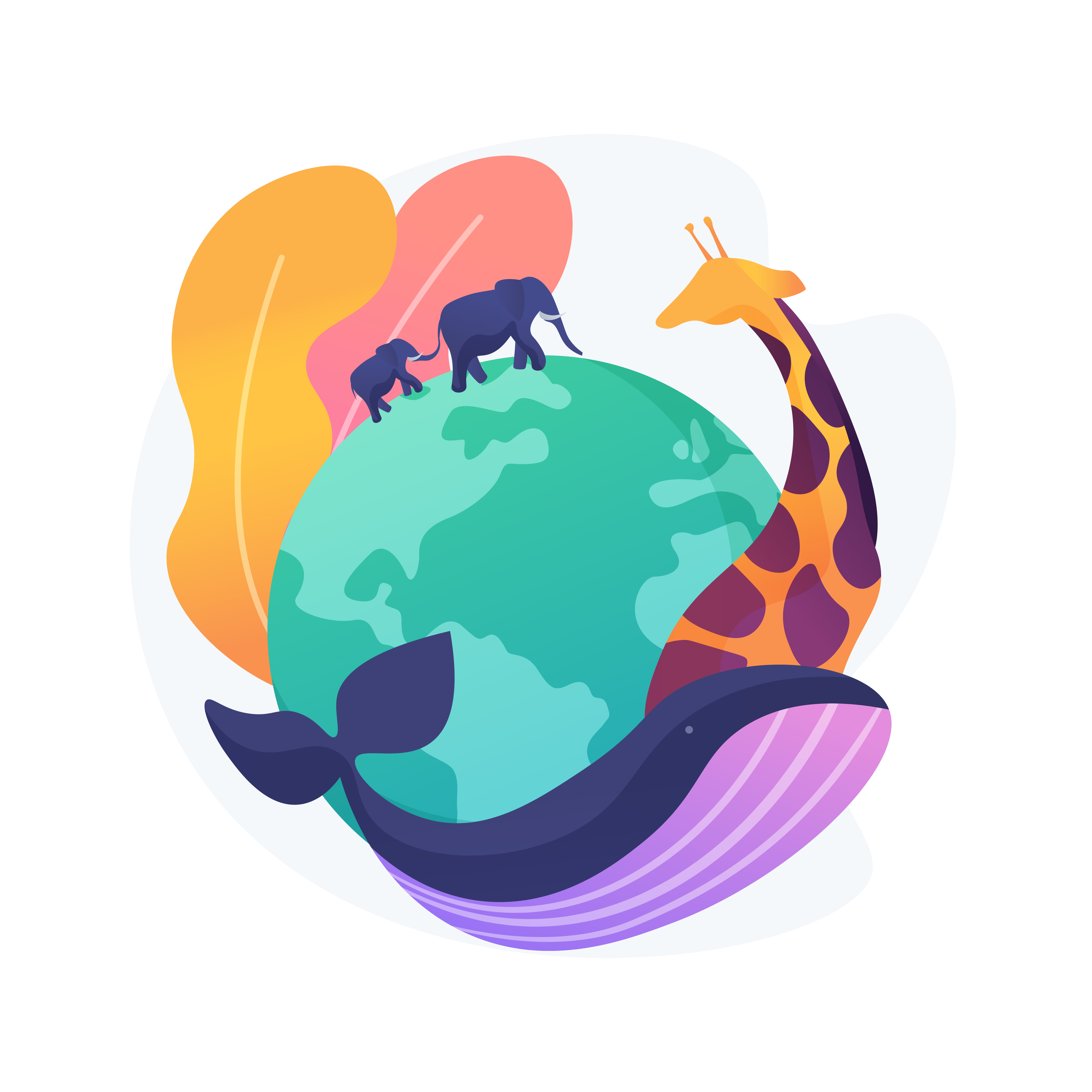 Disegno rappresentativo della biodiversità nel mondo con balene, giraffe ed elefanti