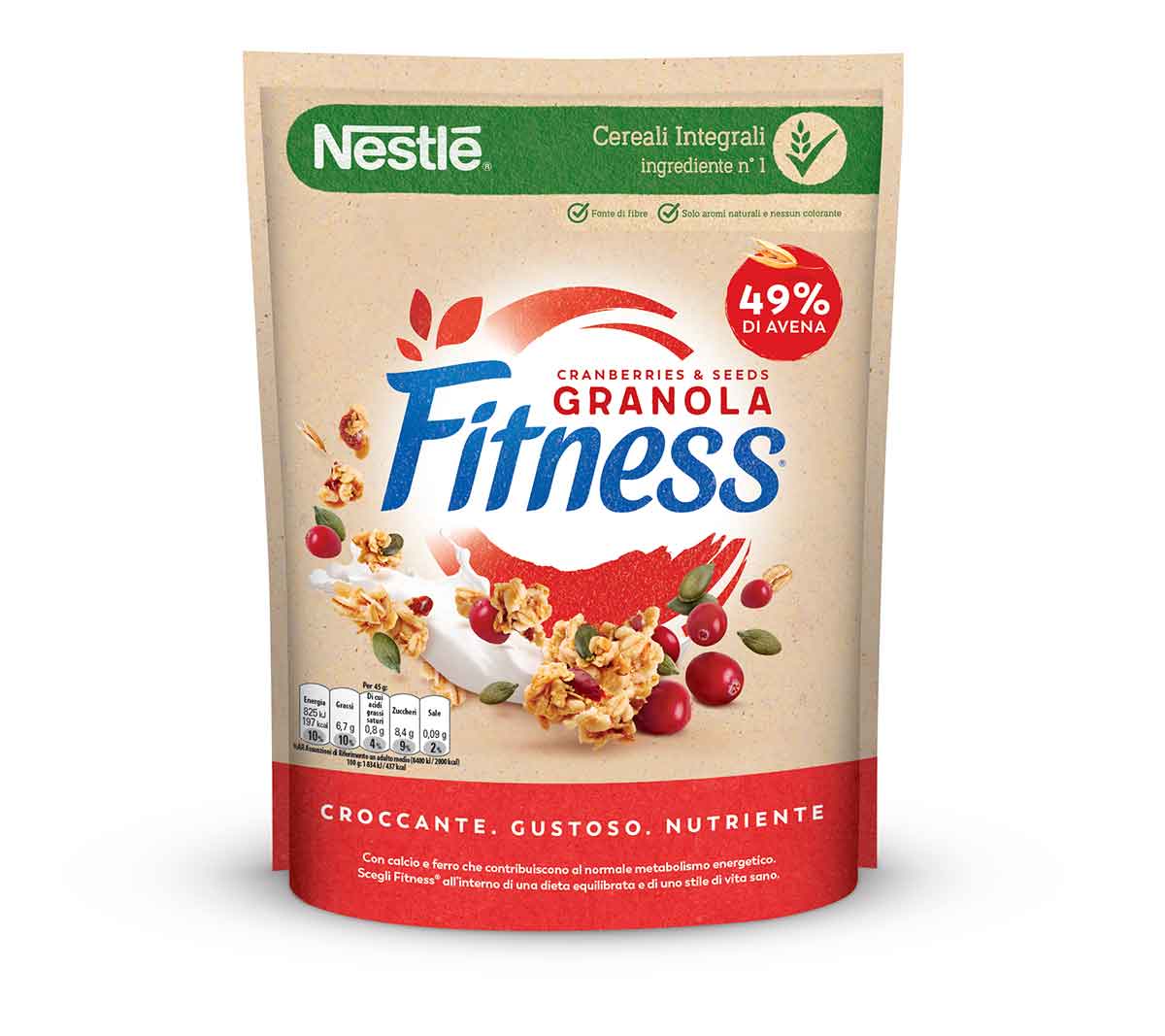 Fitness® GRANOLA MIRTILLI ROSSI E SEMI DI ZUCCA Cereali croccanti con avena integrale, mirtilli rossi, semi di zucca, calcio e ferro 300g