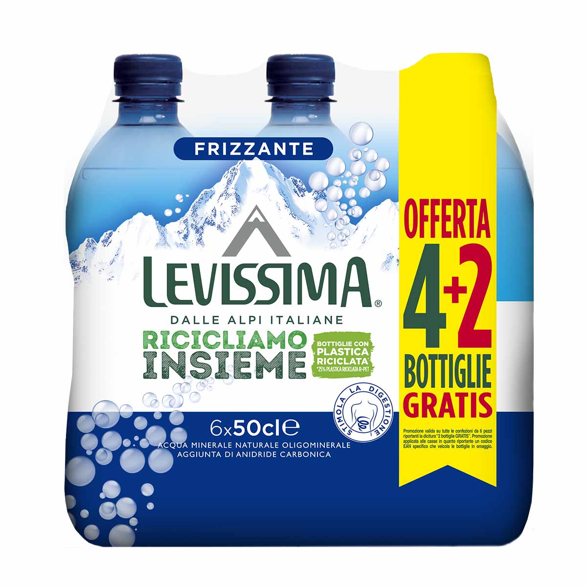 Levissima Acqua Minerale Frizzante 25% R-PET 50 cl 4+2 - Fardello