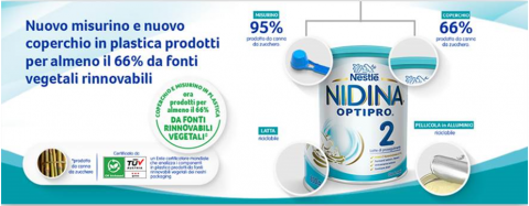 Volantino Nestlé Nidina con barattolo Optipro 2 e informazioni sui nuovi coperchi e misurini in bioplastica