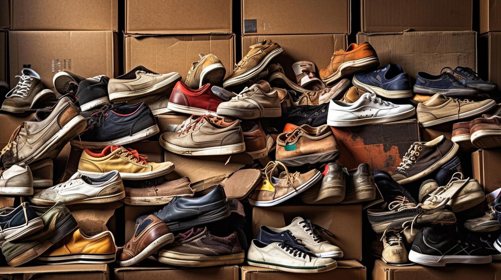 Cumulo di scarpe usate su scatole