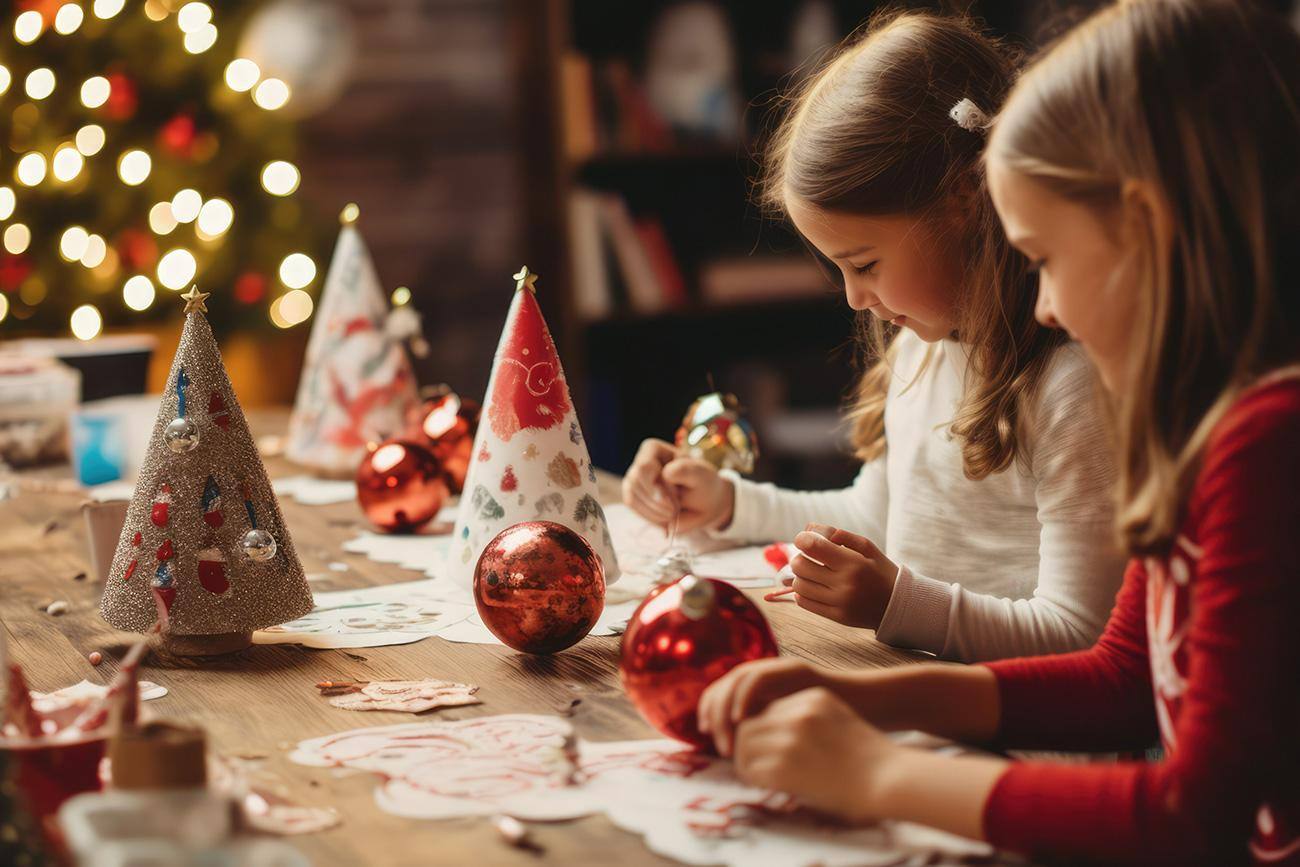 Bambine che fanno lavoretti di Natale