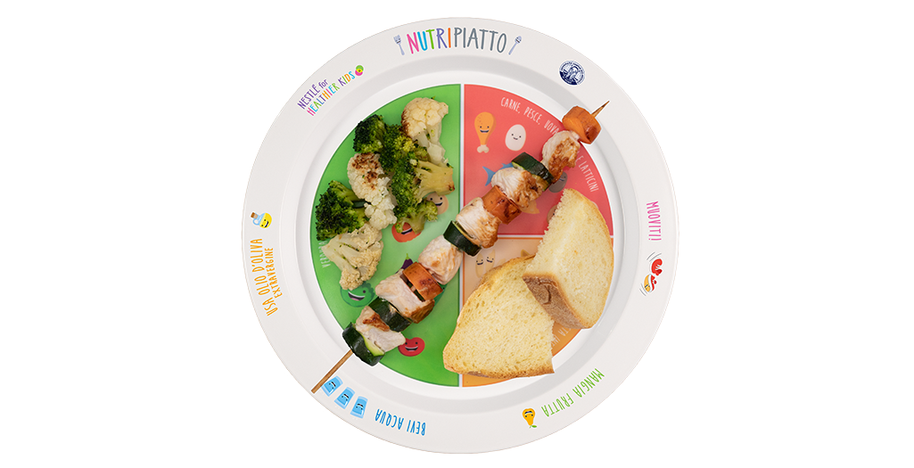 Piatto con grafica che indica le porzioni corrette degli alimenti e con verdure carne e pane