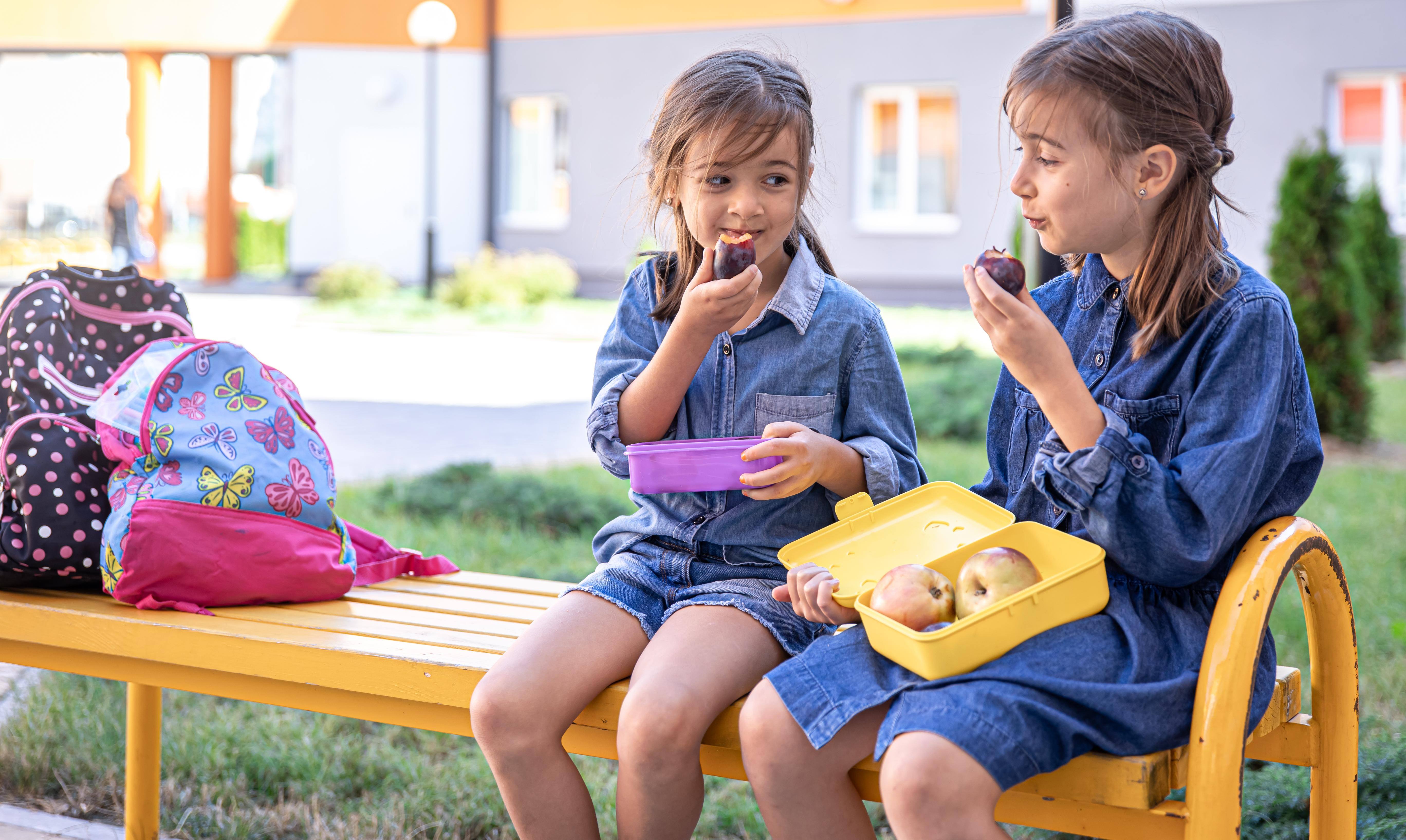 Due bambine sedute su una panchina a fare una merenda sana e nutriente