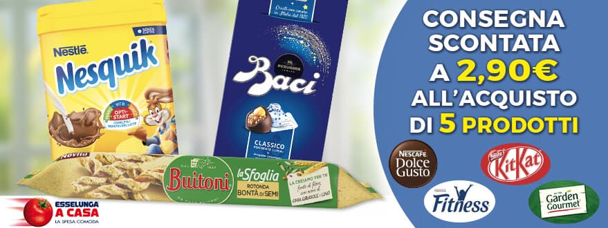 Su esselungaacasa.it consegna scontata a €2,90 con Nestlé Con esselungaacasa.it scegli 5 prodotti Nestle: consegna scontata a €2,90