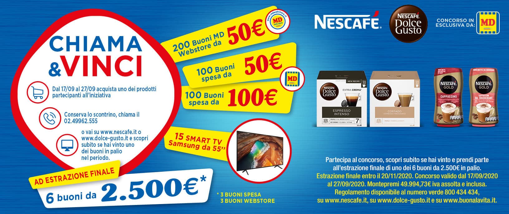 Concorso MD e Nescafé con in palio buoni spesa MD e una Smart TV Samsung