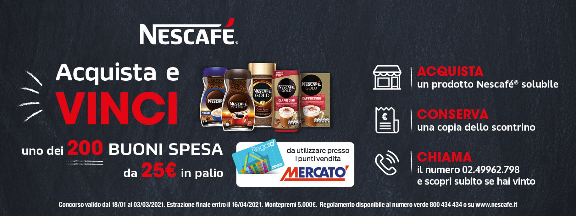 Volantino Concorso Nescafé vinci 200 buoni spesa Mercatò