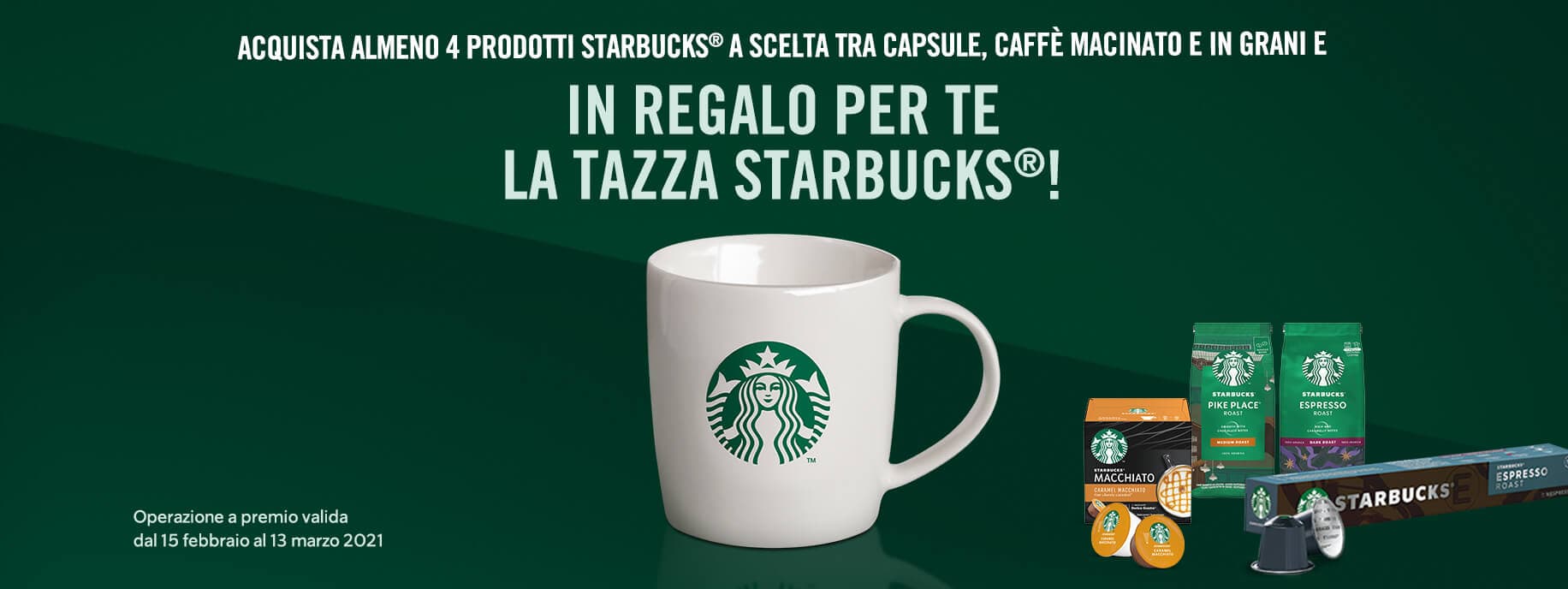 Volantino Operazione a premio Nestlé Shop & Deliveroo con tazza Starbucks e capsule Starbucks su sfondo verde