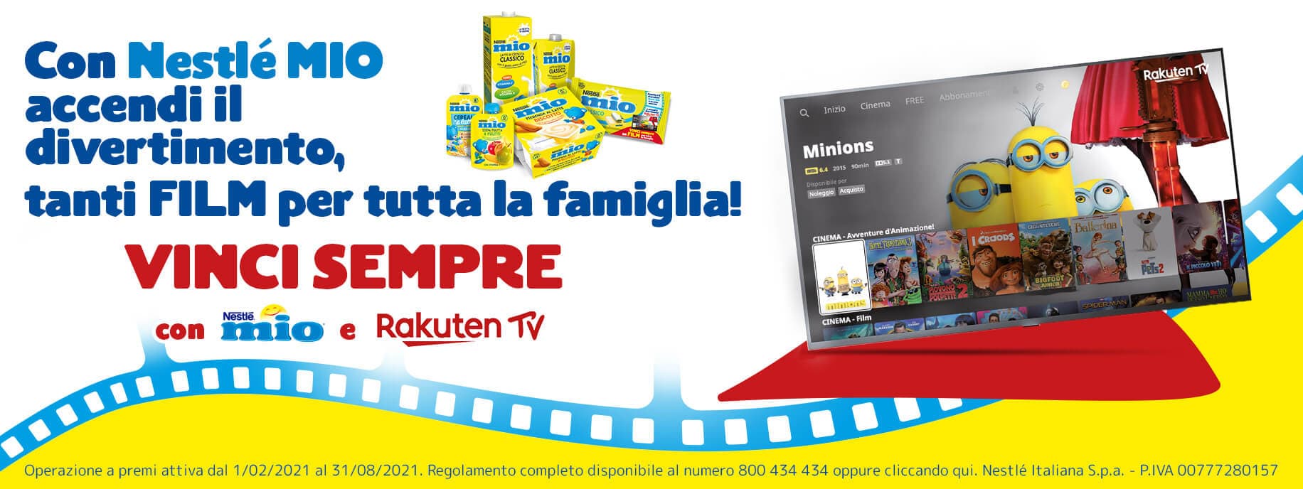 Volantino Operazione Il Mio Film con immagine prodotti Mio, logo Rakuten Tv e Minions