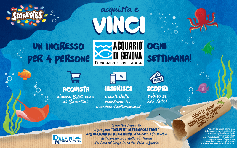 Biglietto rettangolare del concorso Vinci con Smarties l’Acquario di Genova