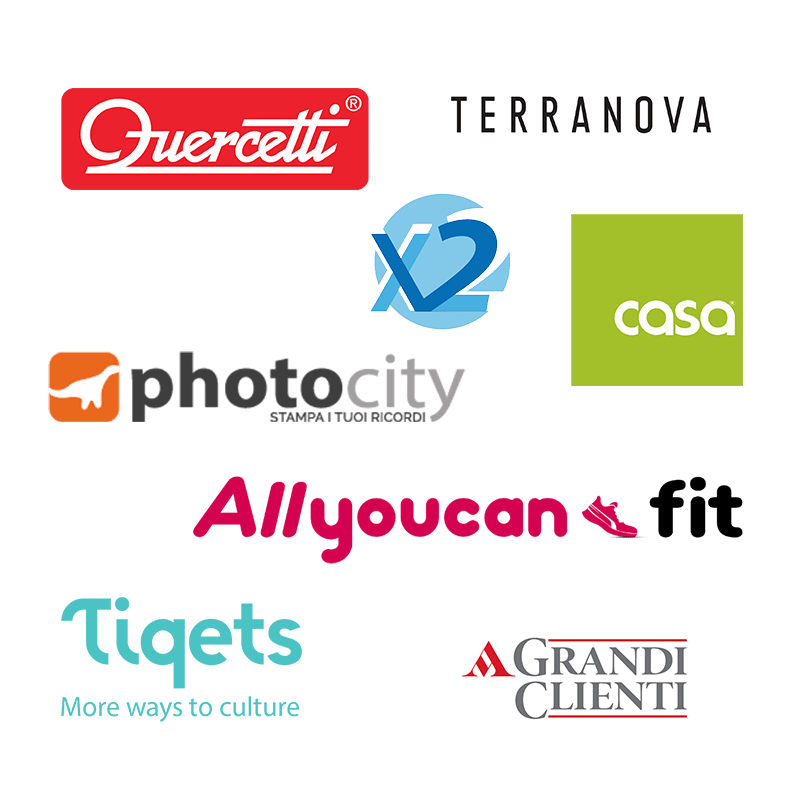 Loghi di Quercetti, Terranova, Casa, Photocity, Grandi Clienti, Allyoucan.fit, Tiqets