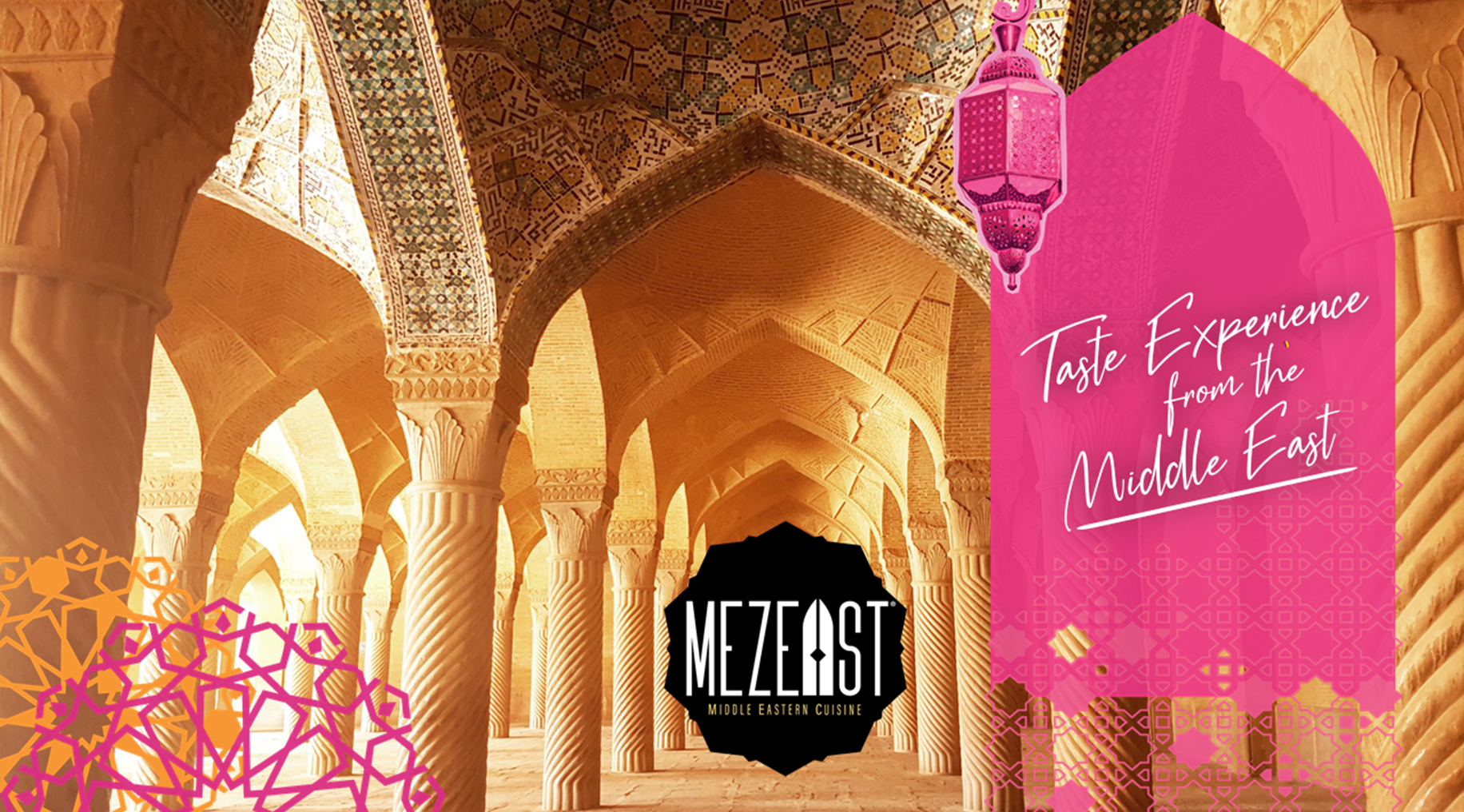 Immagine con logo Mezaest e palazzo medio orientale sullo sfondo