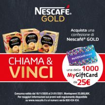 confezioni Ginseng Nescafé GOLD banner rosso con scritta chiama e vinci e MyGiftCard