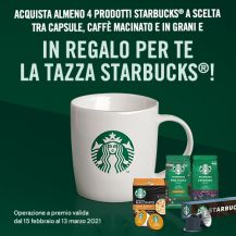 Volantino Operazione a premio Nestlé Shop & Deliveroo con tazza Starbucks e capsule Starbucks su sfondo verde