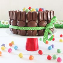 Torta alla carota con KitKat Bunny in tavola con nastro verde e mini eggs Smarties accanto