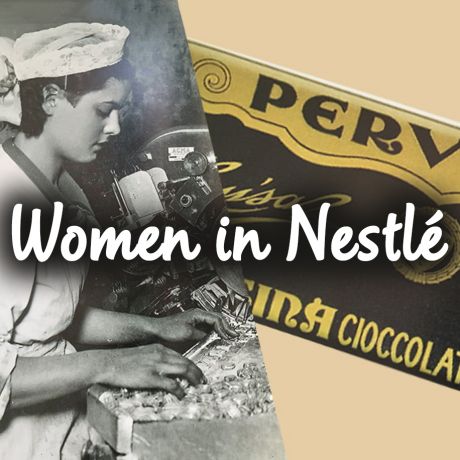 Immagine d’epoca a metà bianco e nero con donna lavoratrice e metà carta cioccolato fondente Luisa e sopra scritta Women in Nestlé