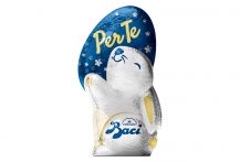 Figura di coniglietto Baci Perugina bianco con uovo blu e scritta per te in oro su sfondo bianco