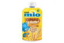 Etichetta Pouch cereali e latte gusto 5 cereali colori giallo, celeste e marrone
