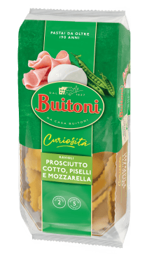 Confezione di ravioli sfiziosi ripieni di prosciutto cotto, piselli e mozzarella