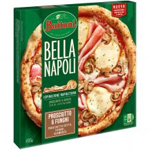 Confezione di pizza Bella Napoli Prosciutto e Funghi su sfondo bianco