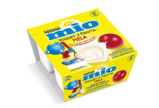 Scopri la Merenda Mio Yogurt e Frutta Gusto Mela Confezione di Merenda Mio e Yogurt gusto mela su sfondo bianco