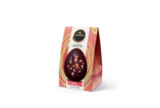 Confezione uovo di cioccolato fondente Le Ricette Creative in scatola rosa con immagine dell’uovo con ingredienti a vista