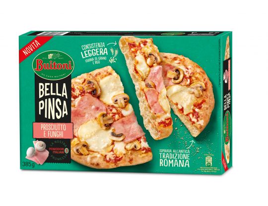 copri la Bella Pinsa Prosciutto e Funghi Confezione Bella Pinsa Prosciutto e Funghi Buitoni su sfondo bianco