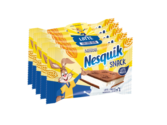 Scopri tutta la carica di Nesquik Snack Latte Confezione di Nesquik Snack Latte 5x26g su sfondo bianco