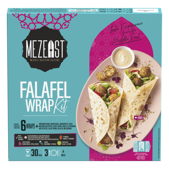 Un pacco di Falafel Wrap del marchio Mezeast