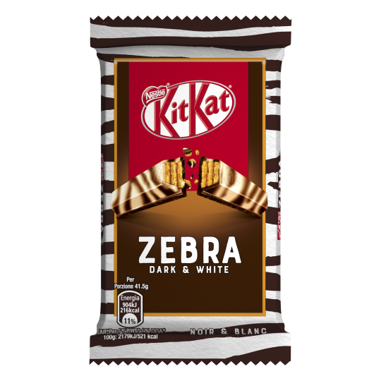 Prova subito la limited edition KitKat Zebra four finger Confezione di KitKat Zebra Limited Edition FourFinger con sfondo bianco