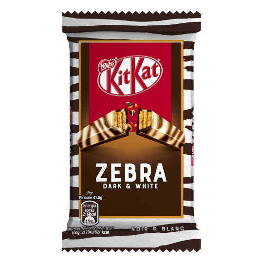 Confezione di KitKat Zebra Limited Edition FourFinger con sfondo bianco