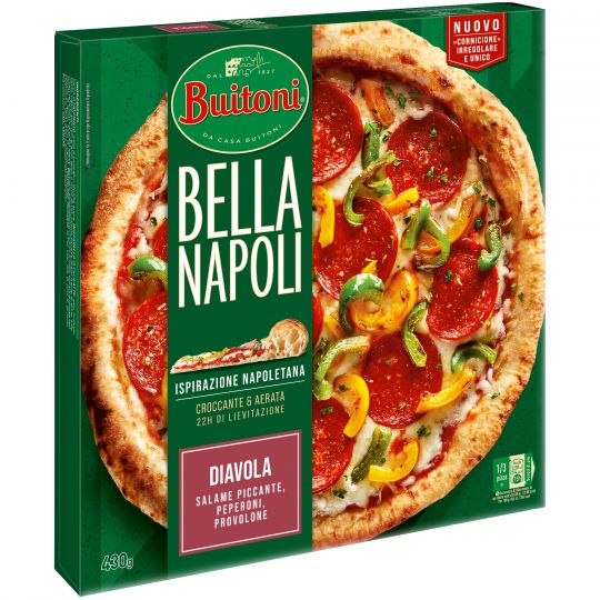 Pizza alla Diavola Buitoni Bella Napoli con peperoni, salame piccante, provolone dop e cipolla rossa