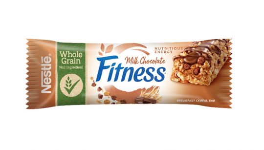 Scopri la barretta Fitness Milk Chocolate ai Cereali di Nestlé Confezione Fitness Milk Chocolate barretta cereali Nestlé su sfondo bianco
