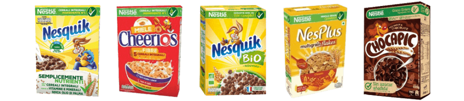 Confezioni di Nesquik, Cheerios, Nesquik Bio, NesPlus e Chocapic