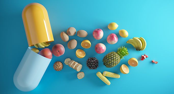 Integratore con dentro le vitamine e i minerali di frutta e verdura per supportare il sistema immunitario